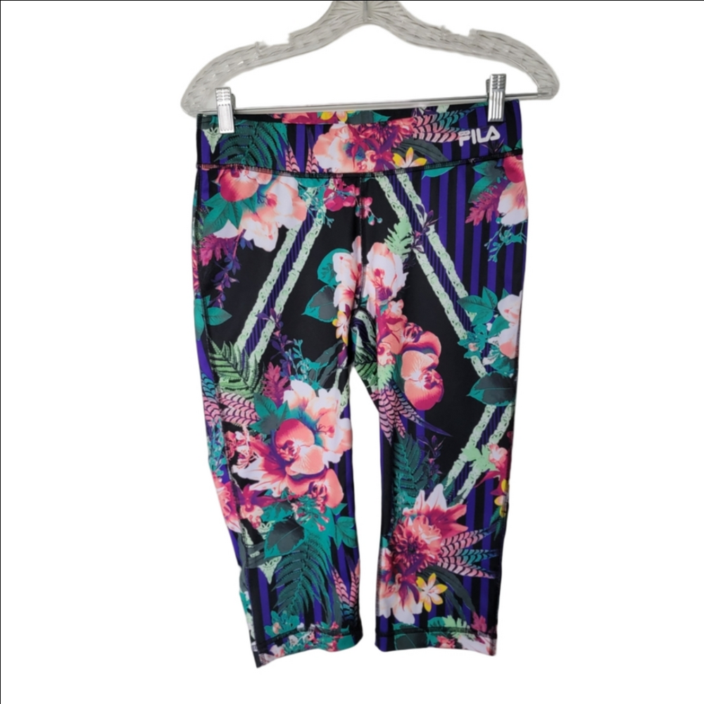Fila Floral Print Cropped Leggings - Black and Pink Size Small